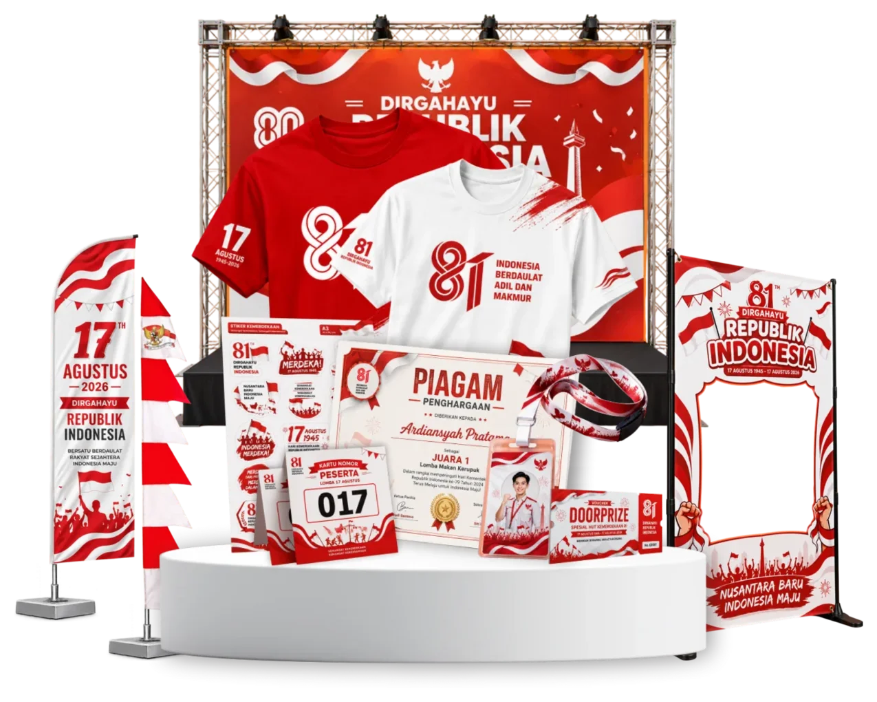 Produk 17-an Dexprint: backdrop panggung, umbul-umbul, photobooth, kaos, stiker, piagam, ID card, nomor peserta, kupon doorprize